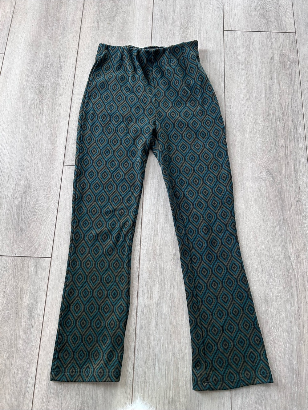 Free People Geometric Print Flare Pants Stretch Knit Boho Retro Side Zip Green